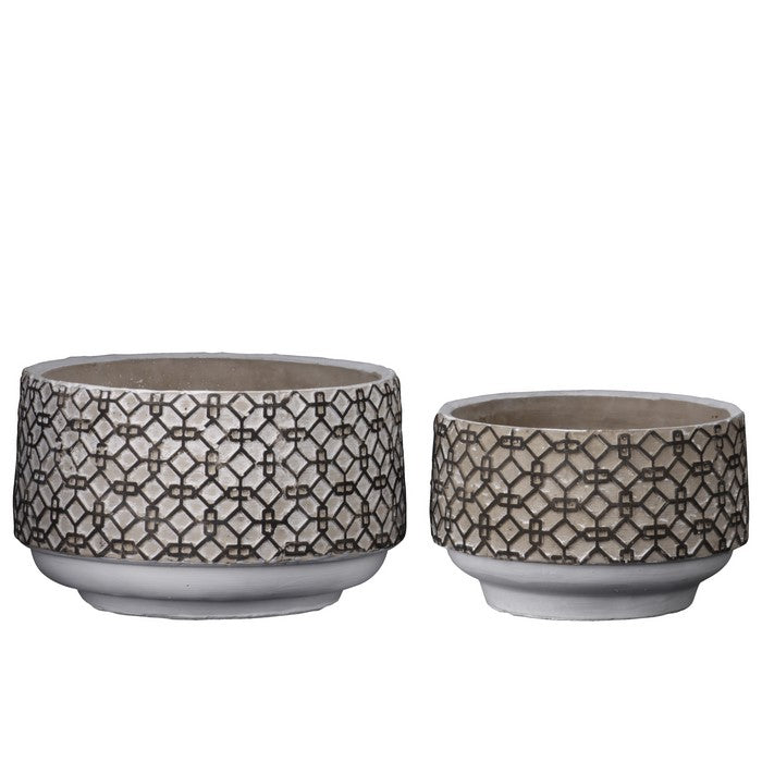 Cement Pot with Octagonal Interlocked Pattern, Set of 2, Black and Brown