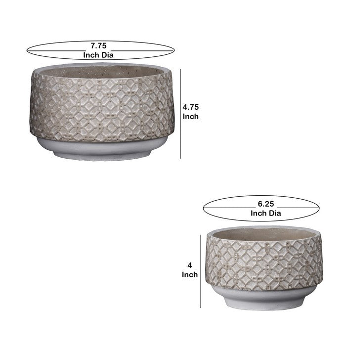 Cement Pot with Octagonal Interlocked Pattern, Set of 2, Gray and Brown