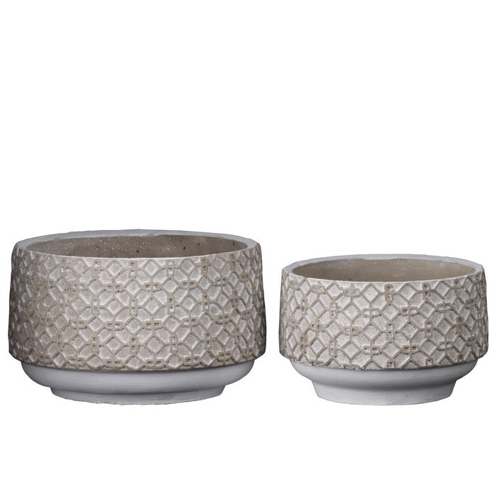 Cement Pot with Octagonal Interlocked Pattern, Set of 2, Gray and Brown