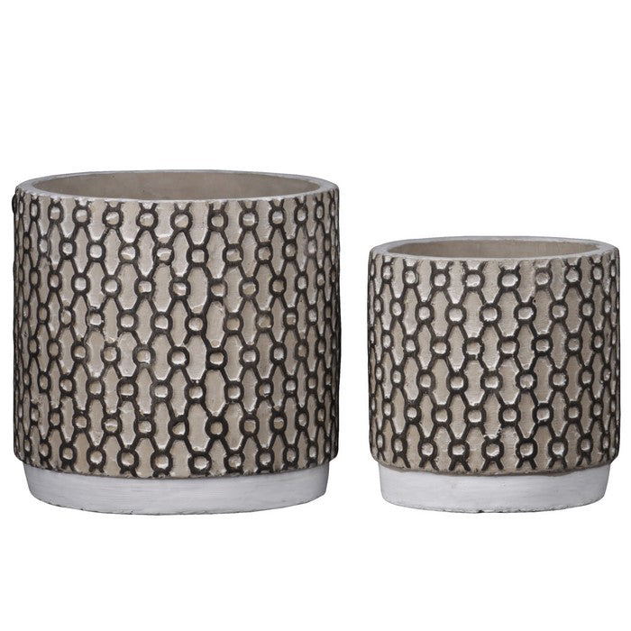 Cement Pot with Interweaved Pattern, Set of 2, Brown and Black