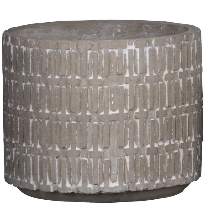 Round Cement Pot with Embossed Cross Pattern, Set of 2 , Gray