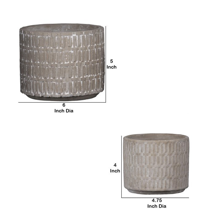 Round Cement Pot with Embossed Cross Pattern, Set of 2 , Gray