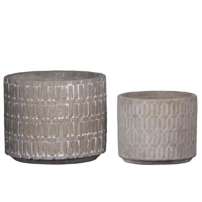 Round Cement Pot with Embossed Cross Pattern, Set of 2 , Gray