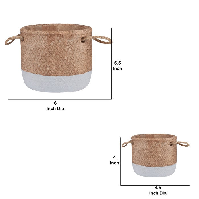 Round Cement Basket with Rope Handles, Small, Set of 2, Gray and Brown