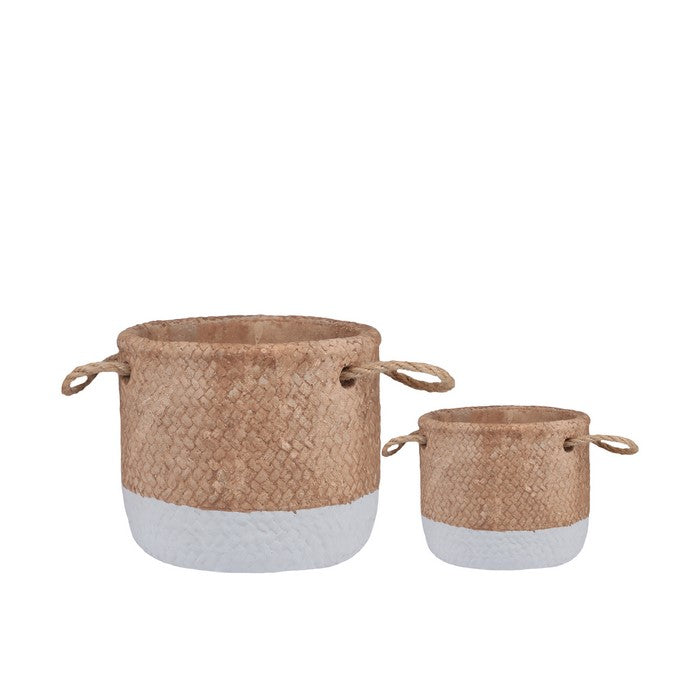 Round Cement Basket with Rope Handles, Small, Set of 2, Gray and Brown