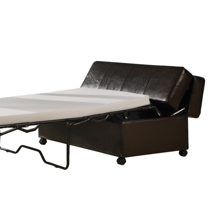 Leatherette Wooden Frame Ottoman Sleeper with Casters, Dark Brown