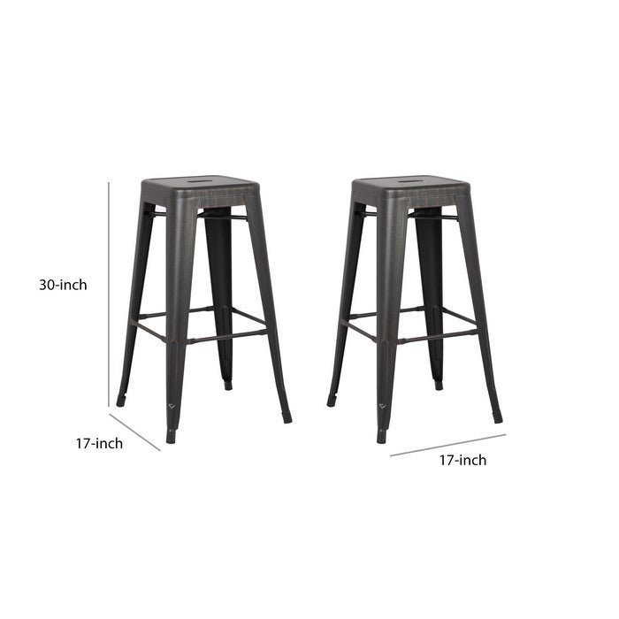 Square Wooden Barstool with Metal Peg Legs, Set of 2, Distressed Black