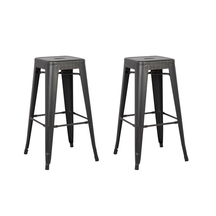 Square Wooden Barstool with Metal Peg Legs, Set of 2, Distressed Black