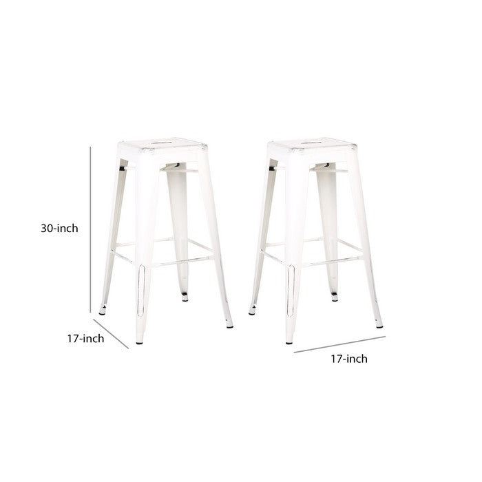Square Wooden Barstool with Metal Peg Legs, Set of 2, Distressed White