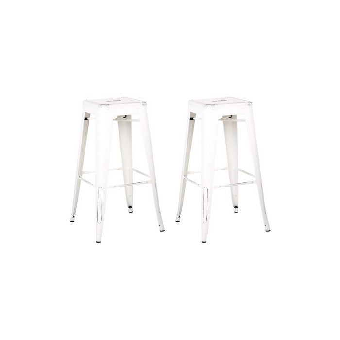 Square Wooden Barstool with Metal Peg Legs, Set of 2, Distressed White