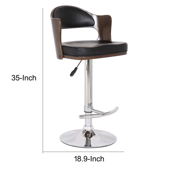 Bucket Seat Leatherette Barstool with Adjustable Height, Silver and Oak Brown