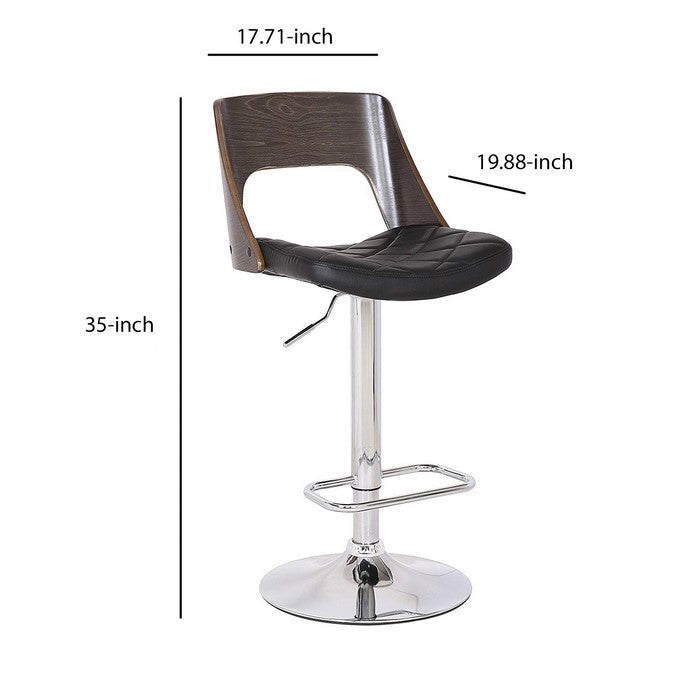 Bucket Seat Leatherette Barstool with Adjustable Height, Brown and Chrome