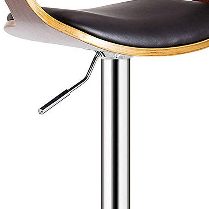 Wooden Frame Bucket Leatherette Padded Seat Barstool, Chrome and Brown