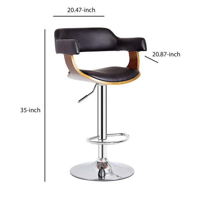 Wooden Frame Bucket Leatherette Padded Seat Barstool, Chrome and Brown