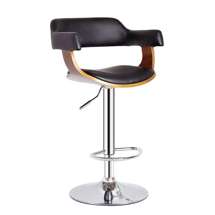 Wooden Frame Bucket Leatherette Padded Seat Barstool, Chrome and Brown