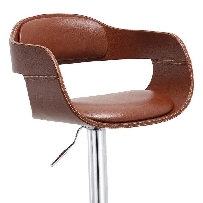 Leatherette Upholstered Metal Barstool with Bucket Seat, Brown and Chrome