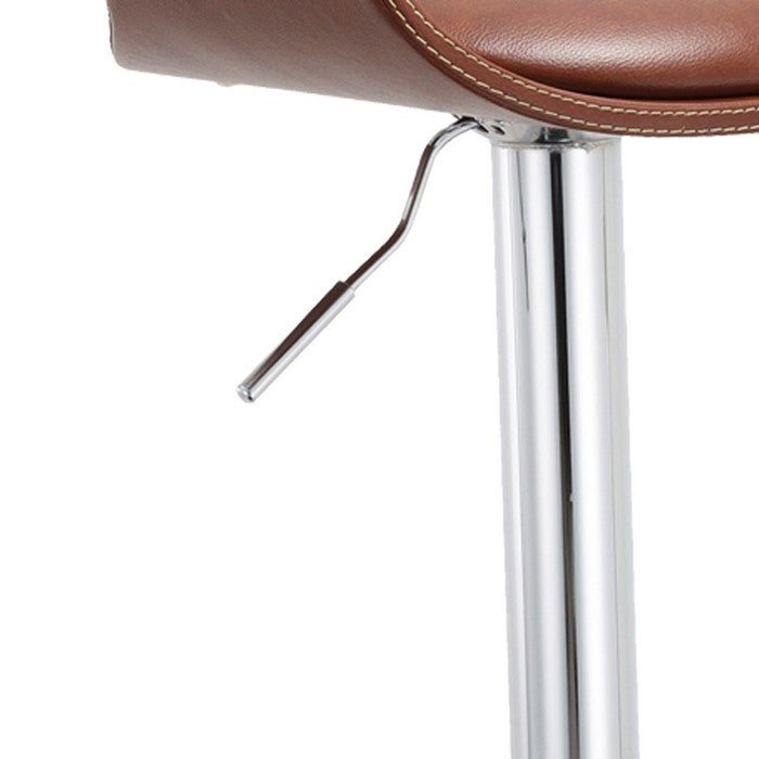 Leatherette Upholstered Metal Barstool with Bucket Seat, Brown and Chrome