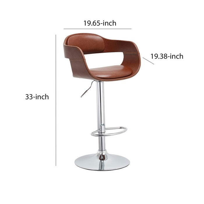 Leatherette Upholstered Metal Barstool with Bucket Seat, Brown and Chrome