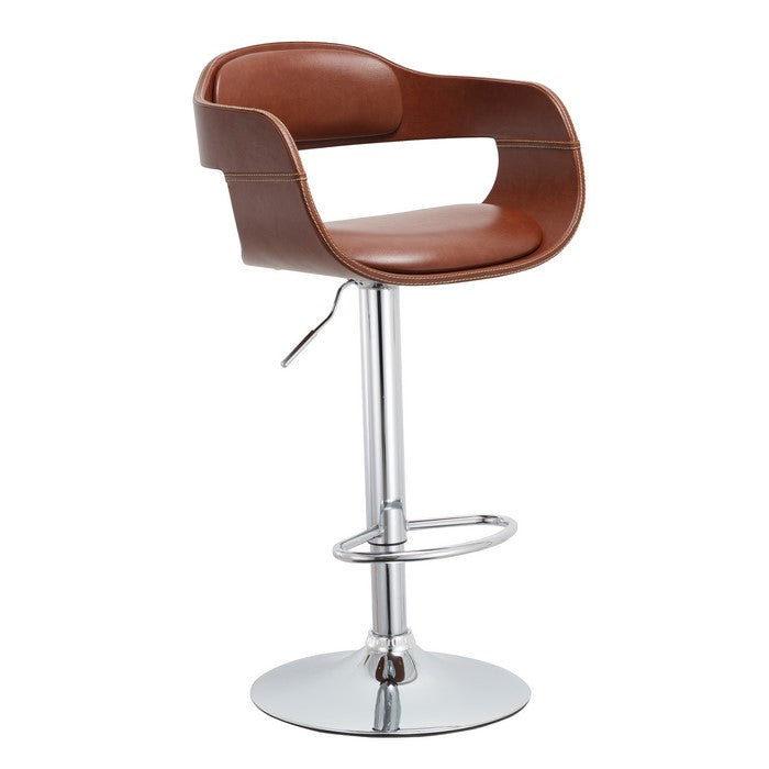Leatherette Upholstered Metal Barstool with Bucket Seat, Brown and Chrome