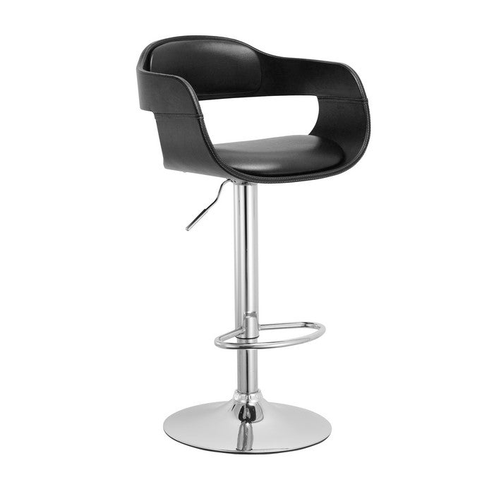 Leatherette Upholstered Metal Barstool with Bucket Seat, Black and Chrome