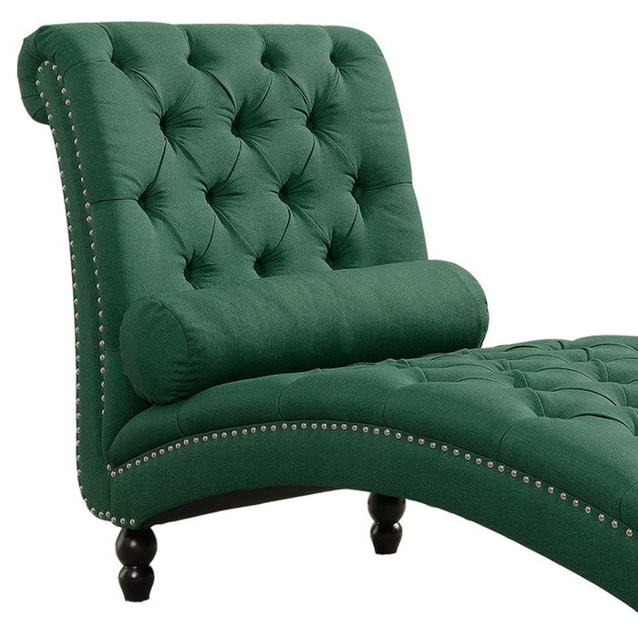 Curvaceous Fabric Upholstered Chesterfield Chaise with Bolster Pillow, Green