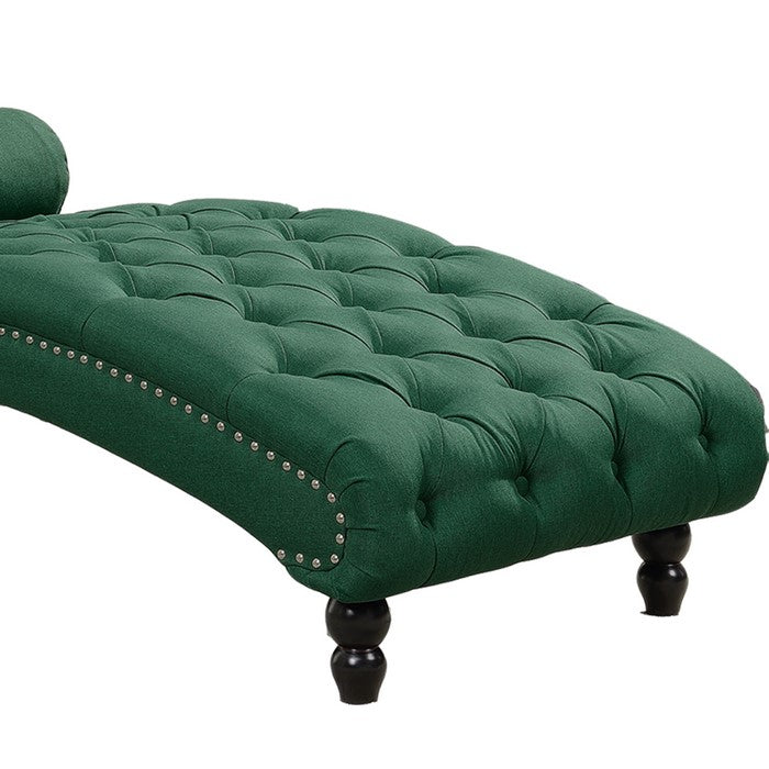 Curvaceous Fabric Upholstered Chesterfield Chaise with Bolster Pillow, Green