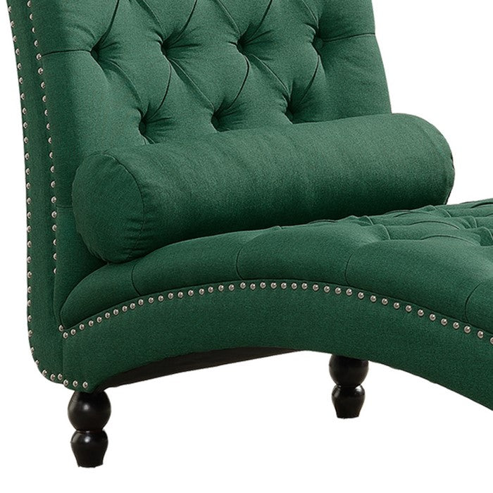 Curvaceous Fabric Upholstered Chesterfield Chaise with Bolster Pillow, Green