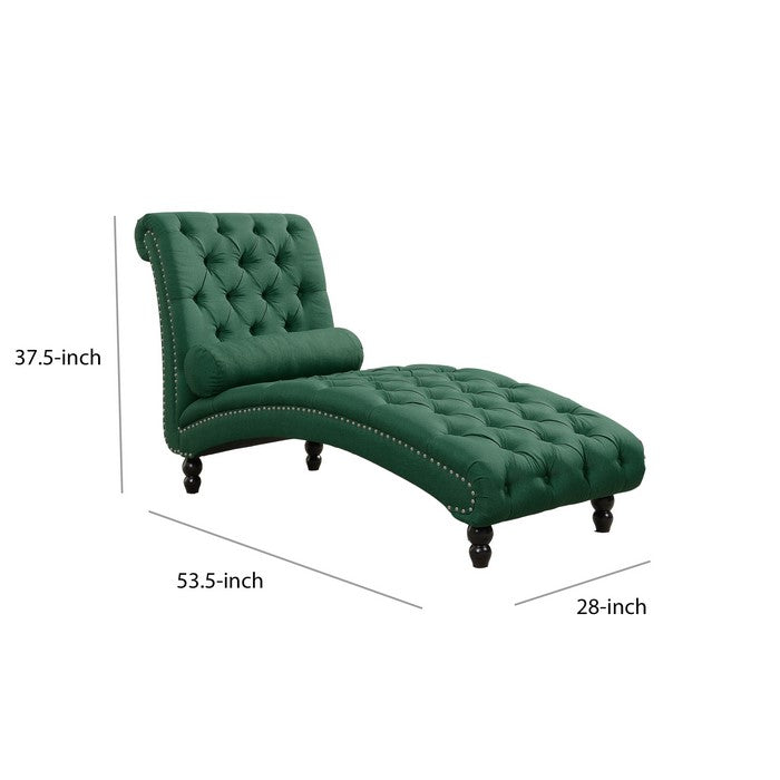 Curvaceous Fabric Upholstered Chesterfield Chaise with Bolster Pillow, Green