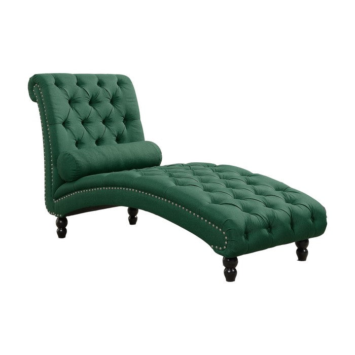 Curvaceous Fabric Upholstered Chesterfield Chaise with Bolster Pillow, Green