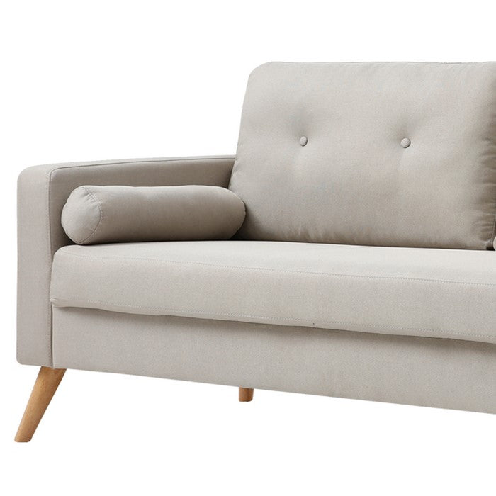 Fabric Upholstered Sofa with Button Tufted Back and 2 Bolster Pillow, Beige