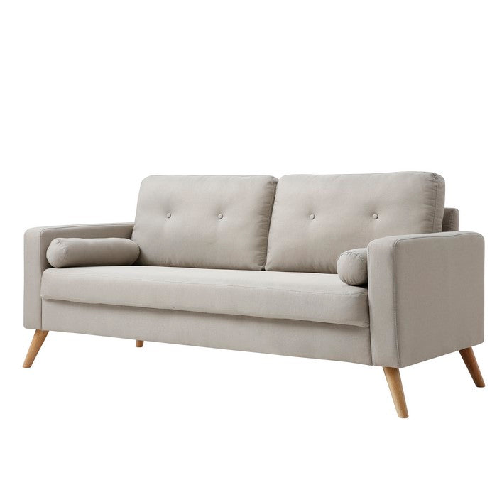Fabric Upholstered Sofa with Button Tufted Back and 2 Bolster Pillow, Beige