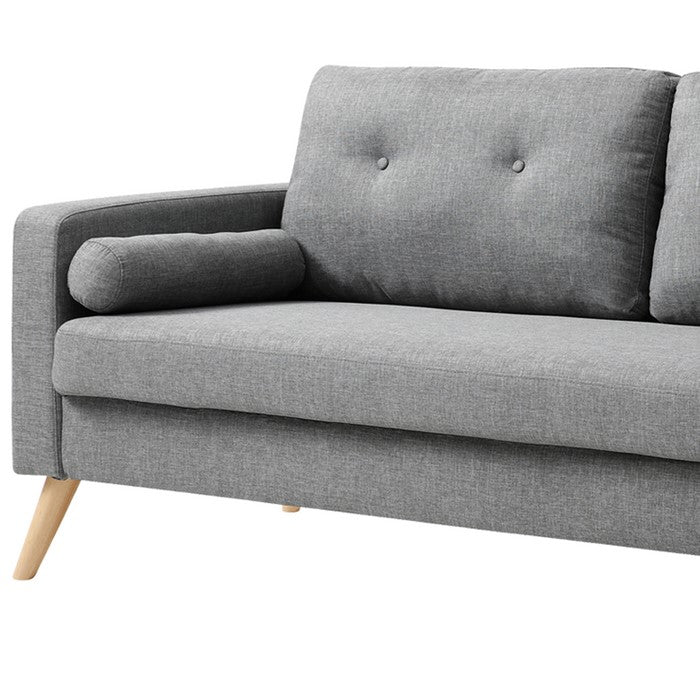 Fabric Upholstered Sofa with Button Tufted Back and 2 Bolster Pillows, Gray