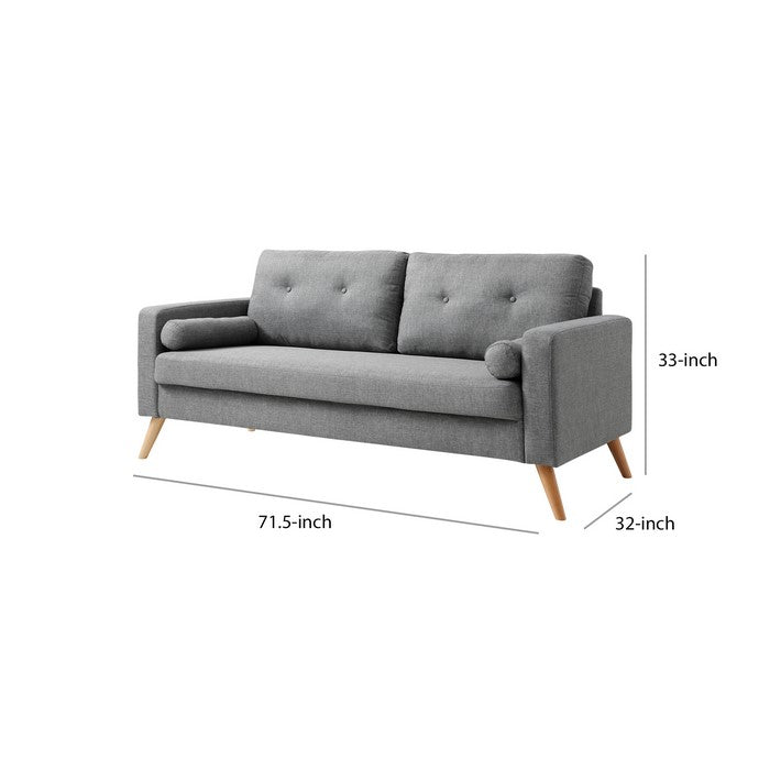 Fabric Upholstered Sofa with Button Tufted Back and 2 Bolster Pillows, Gray