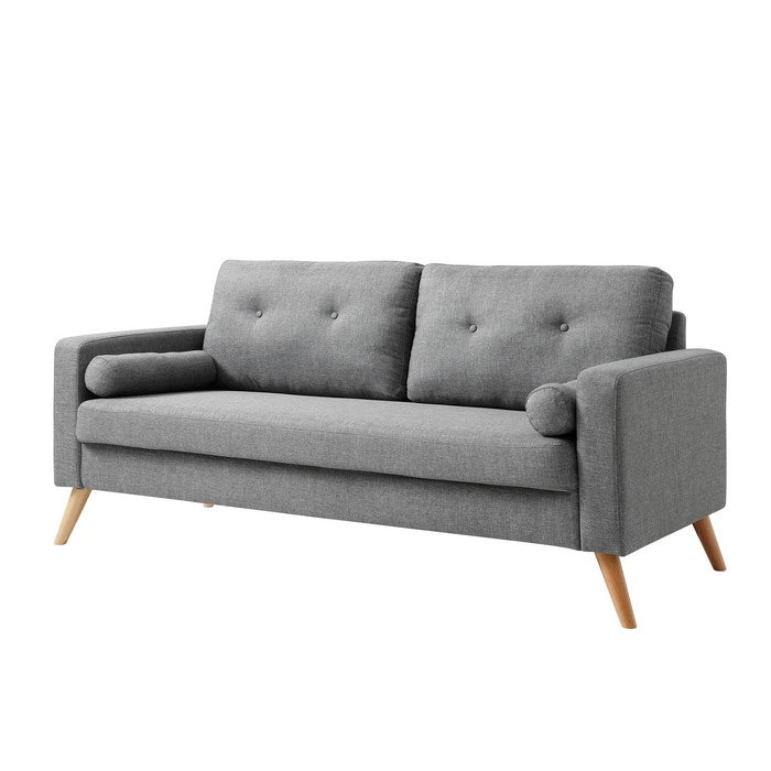 Fabric Upholstered Sofa with Button Tufted Back and 2 Bolster Pillows, Gray