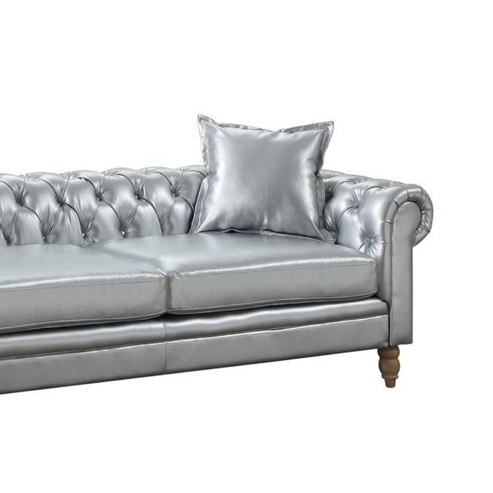 Button Tufted Fabric Upholstered Chesterfield Sofa with Rolled Arms, Silver