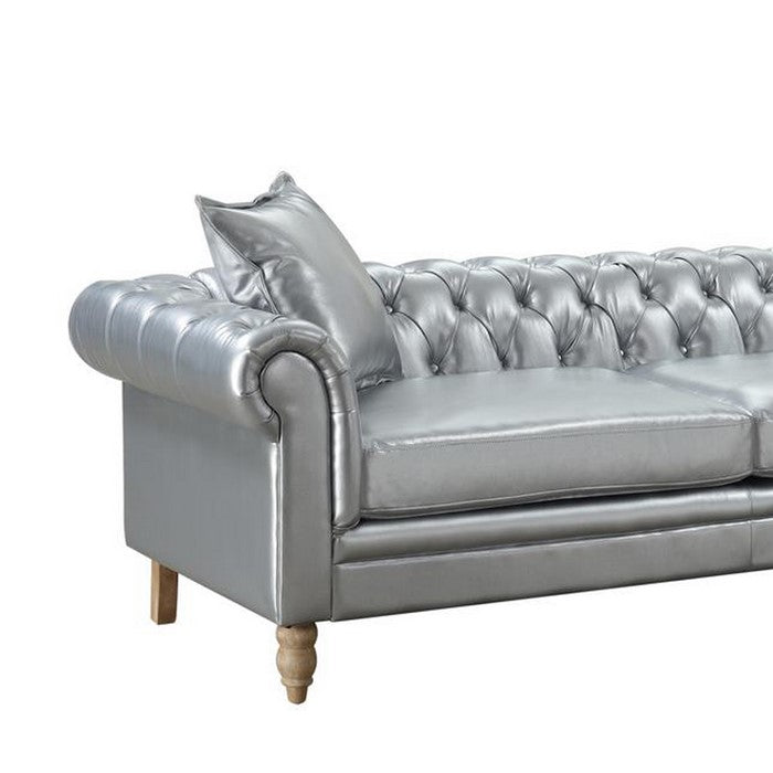 Button Tufted Fabric Upholstered Chesterfield Sofa with Rolled Arms, Silver
