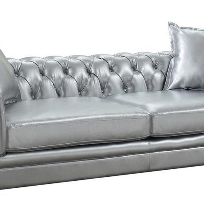 Button Tufted Fabric Upholstered Chesterfield Sofa with Rolled Arms, Silver