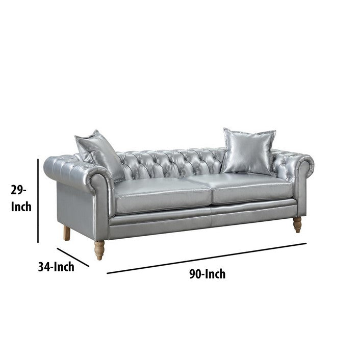 Button Tufted Fabric Upholstered Chesterfield Sofa with Rolled Arms, Silver