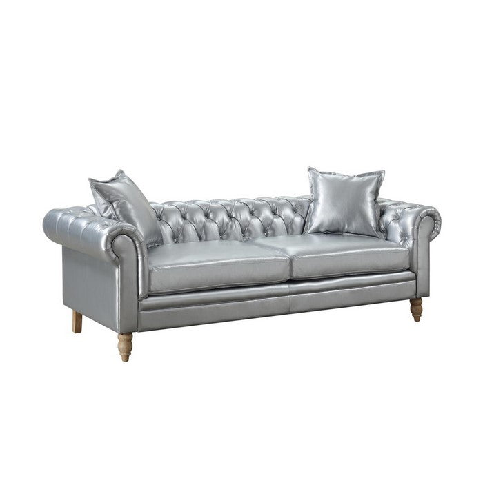 Button Tufted Fabric Upholstered Chesterfield Sofa with Rolled Arms, Silver