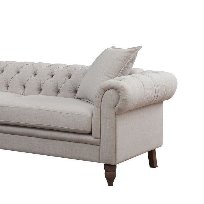 Button Tufted Fabric Upholstered Chesterfield Sofa with Rolled Arms, Beige