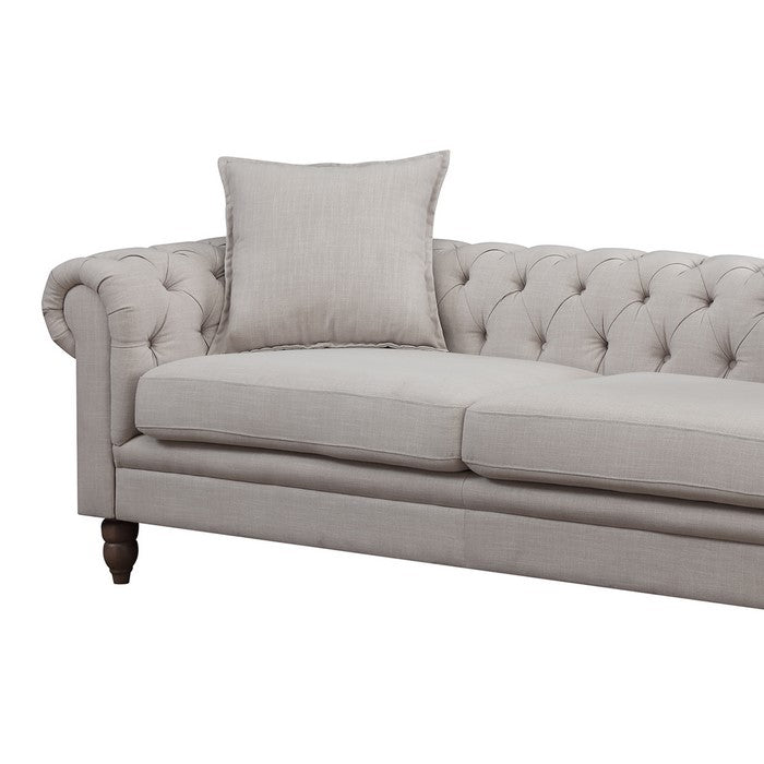 Button Tufted Fabric Upholstered Chesterfield Sofa with Rolled Arms, Beige