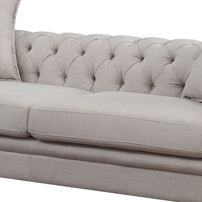 Button Tufted Fabric Upholstered Chesterfield Sofa with Rolled Arms, Beige
