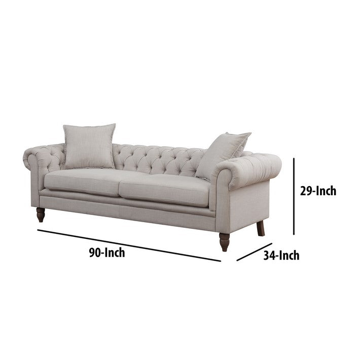 Button Tufted Fabric Upholstered Chesterfield Sofa with Rolled Arms, Beige