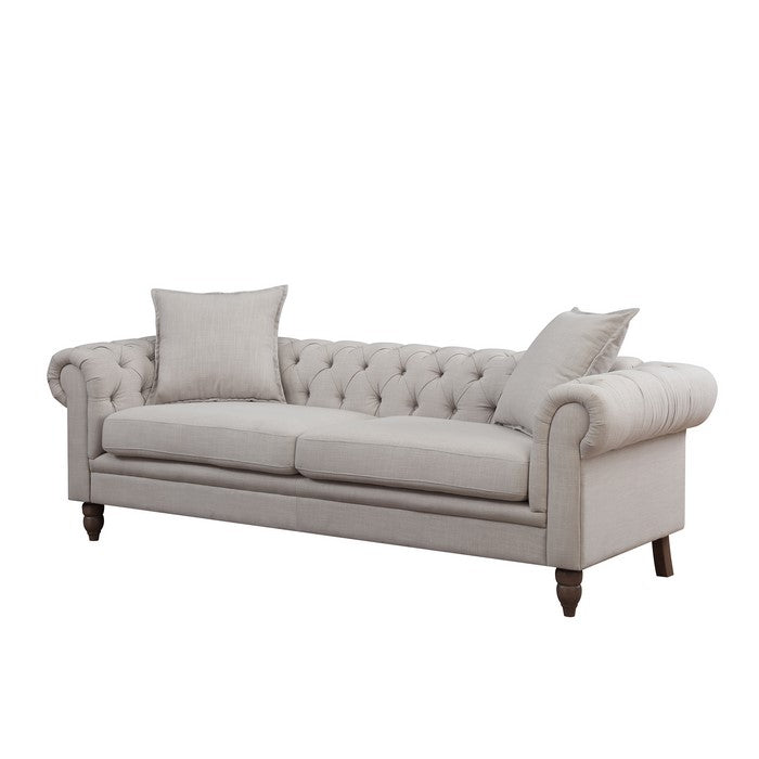 Button Tufted Fabric Upholstered Chesterfield Sofa with Rolled Arms, Beige