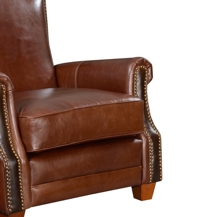 Nailhead Trim Leatherette Arm Chair with Stitched Details, Cherry Brown