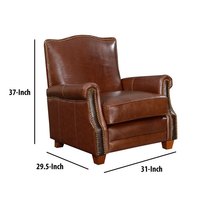 Nailhead Trim Leatherette Arm Chair with Stitched Details, Cherry Brown
