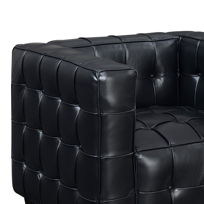Tufted Leatherette Arm Chair with Tapered Legs and Track Arms, Black