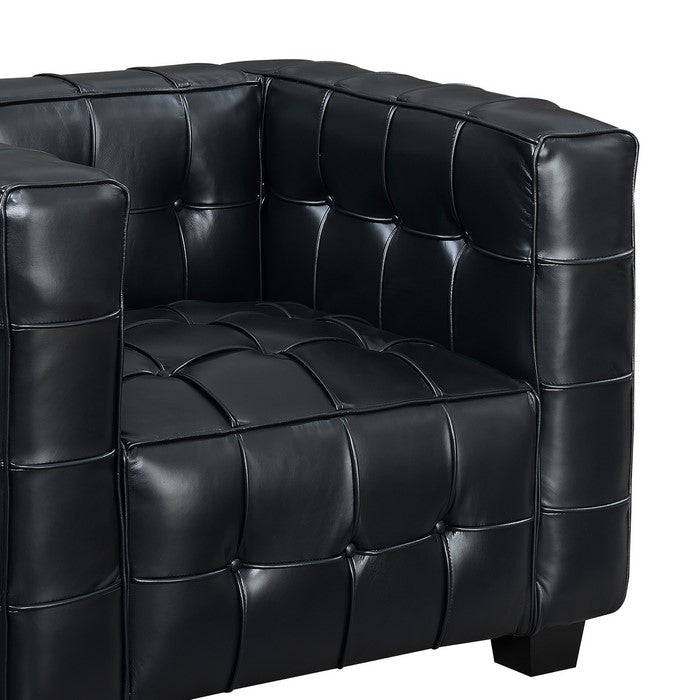 Tufted Leatherette Arm Chair with Tapered Legs and Track Arms, Black