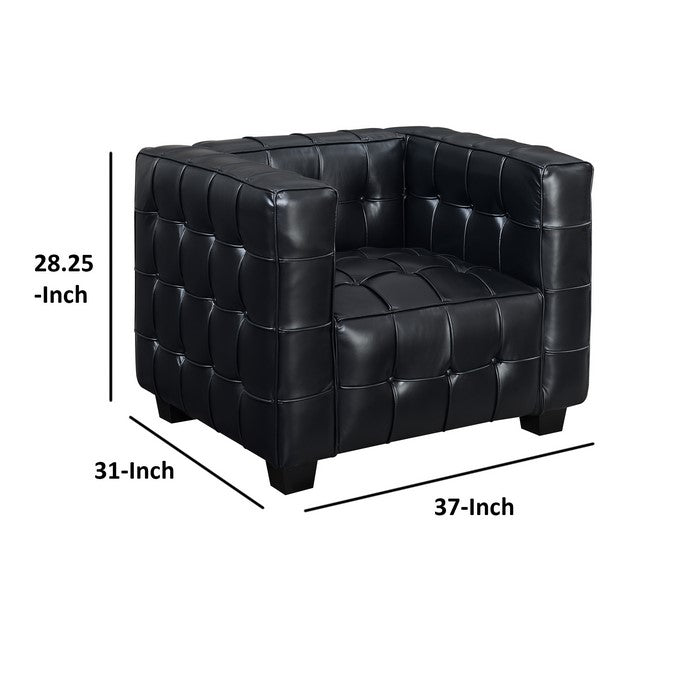 Tufted Leatherette Arm Chair with Tapered Legs and Track Arms, Black