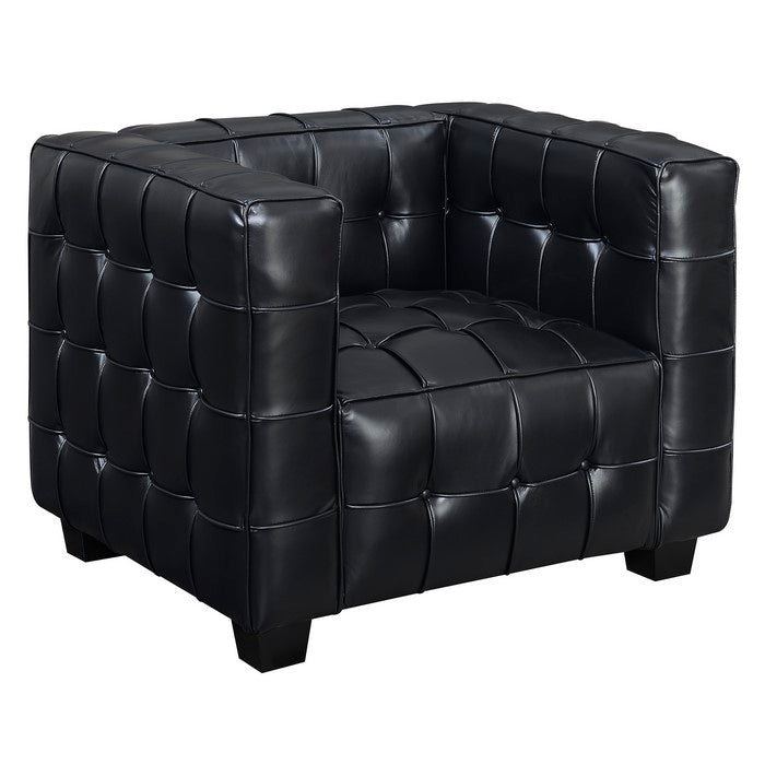 Tufted Leatherette Arm Chair with Tapered Legs and Track Arms, Black